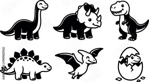 Black and white cartoon dinosaurs with smiling faces in line art style