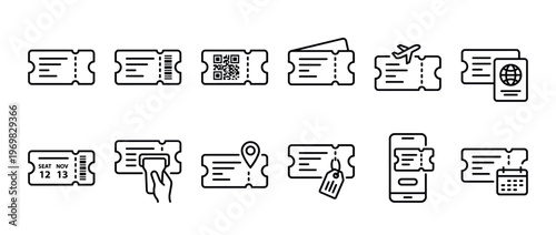 Tickets, passes, vouchers, and entry icons representing various travel, event, and digital access concepts in a clean line art style.