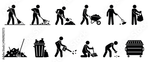 Cleaning and garbage disposal stick figures set illustrating various sanitation and waste management activities with different tools and equipment.