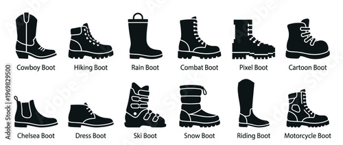 Collection of various boot types presented as black silhouette icons, illustrating different styles of footwear for diverse activities and fashion.