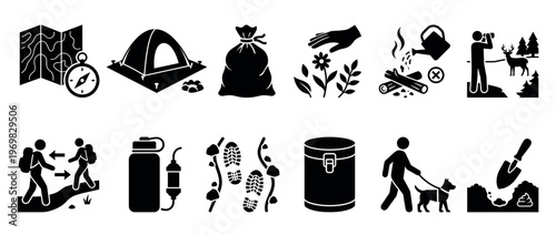 Camping and hiking outdoor recreation icons illustrating nature conservation, leave no trace principles, and wilderness ethics.