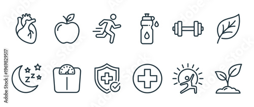 Health and wellness icons collection representing fitness, nutrition, medical care, and a balanced lifestyle for well-being.