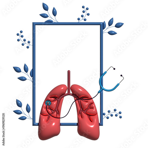 Human lungs with stethoscope and decorative frame on World Asthma Day, isolated PNG