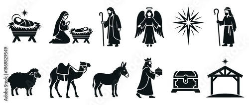 Nativity scene elements vector illustration set featuring baby Jesus, Mary, Joseph, wise men, angel, star, animals, and manger for Christmas.