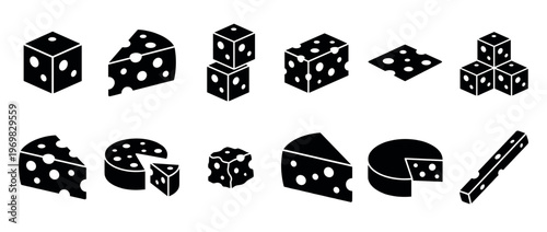 Cheese blocks, wedges, and slices in various geometric and irregular shapes, presented as black silhouettes, perfect for food-related graphic design.