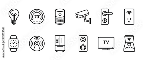 Smart home icons collection representing various connected devices and internet of things technology for modern living and automation systems.