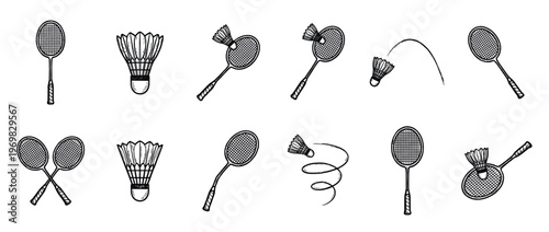 Badminton rackets and shuttlecocks are depicted in a collection of hand-drawn sketch illustrations, showcasing various sports equipment for the game.