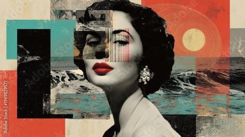 Woman face collage abstract mixed media art with ocean waves texture