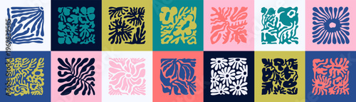 Matisse art collage with groovy flowers. Abstract floral patterns in square shape frames set. Silhouettes of blooming plants with curved leaves for interior decoration. Flat vector illustration