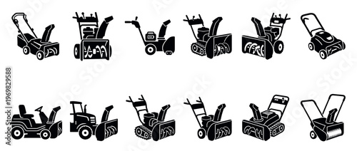 Snow blowers, snow removal machines, and winter equipment icons set depicting various types of snow clearing tools for cold weather.