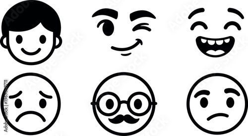 Black and white smiling happy sad winking mustache face icons set
