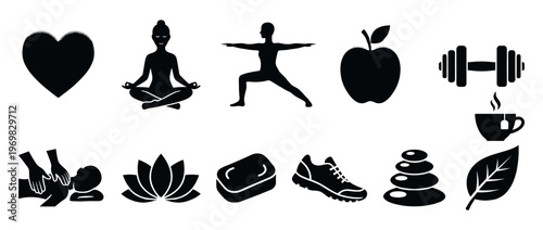 Health wellness fitness icons set representing a balanced and active lifestyle with various symbols for physical and mental well-being.