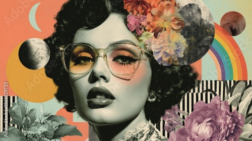 Woman face wearing glasses with flowers and retro artistic collage