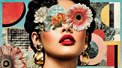 Woman wearing floral sunglasses and golden earrings in pop art