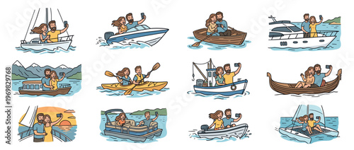 Happy couples enjoying various water activities and boat trips, taking selfies and making memories during their vacation.