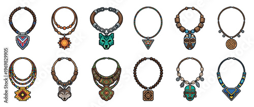 Collection of diverse pixel art necklaces featuring tribal, ethnic, and bohemian designs with various pendants and beads.