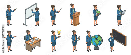 Isometric female teacher character in various poses and actions related to education and school activities.