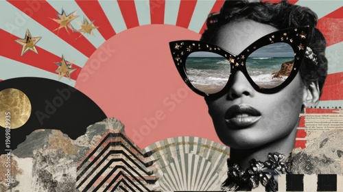 Woman wearing sunglasses reflecting ocean scene in abstract