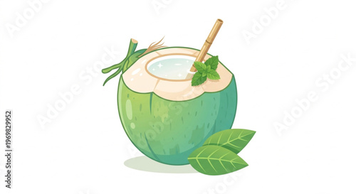 Fresh Young Green Coconut Vector Illustration in Flat 2.0 Style