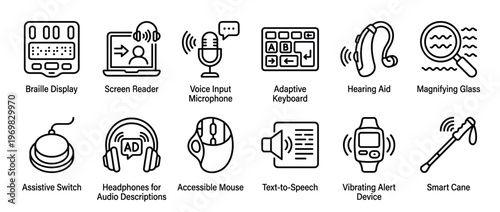 Assistive technology devices for people with disabilities and accessibility needs, including tools like braille displays, screen readers, hearing aids, and smart canes.