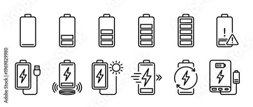 Battery charging and power level indicator icons set showing various states of energy, charging methods, and warnings for electronic devices.