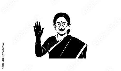 Black and White Flat Style Female Political Leader Waving Minimal Vector Illustration