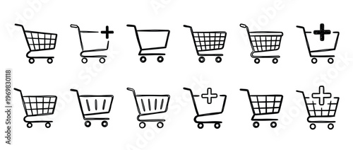 Hand drawn doodle style shopping cart icons for e-commerce, retail, online store, and consumer purchasing concepts.