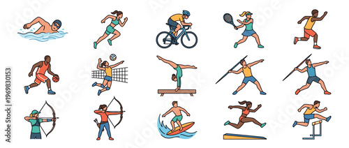 Sports athletes performing various athletic activities, showcasing a wide range of competitive and recreational physical exercises.
