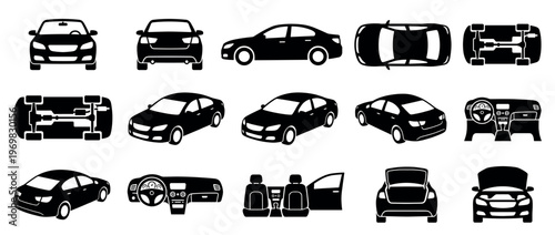 Car views and components collection showing various angles, interior, and mechanical parts as black silhouette icons for automotive design.