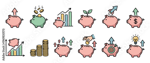 Piggy banks and financial icons illustrating concepts of saving, investment, growth, and success in a hand-drawn style.