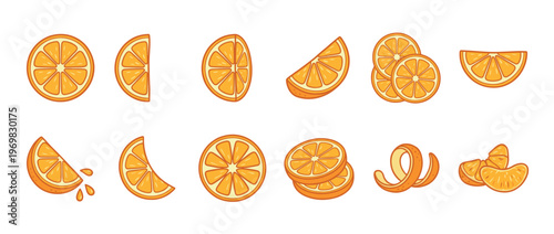 Orange fruit slices, segments, and peel vector illustration set showcasing fresh citrus elements for healthy food and drink designs.