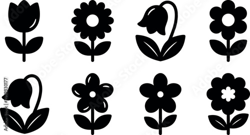 Simple black silhouette flowers vector art collection with eight bloom shapes