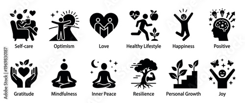 Collection of wellness icons representing mental health, personal growth, and positive lifestyle concepts in a simple flat design.