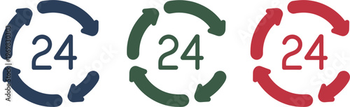 24 hour service icons set, circular arrows symbols for nonstop support and delivery design