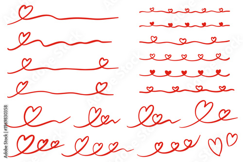 赤いペンで一筆書きしたハートのイラストセット