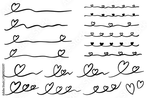 黒いペンで一筆書きしたハートのイラストセット