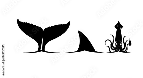 Silhouette designs of whale tail, shark fin, and squid  