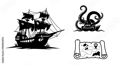 Pirate ship with octopus and treasure map in black silhouette style  