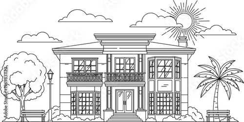 Black and White Line Art Illustration of a Luxury House with Palm Tree, Bench, and Scenic Elements Including Clouds and Sun