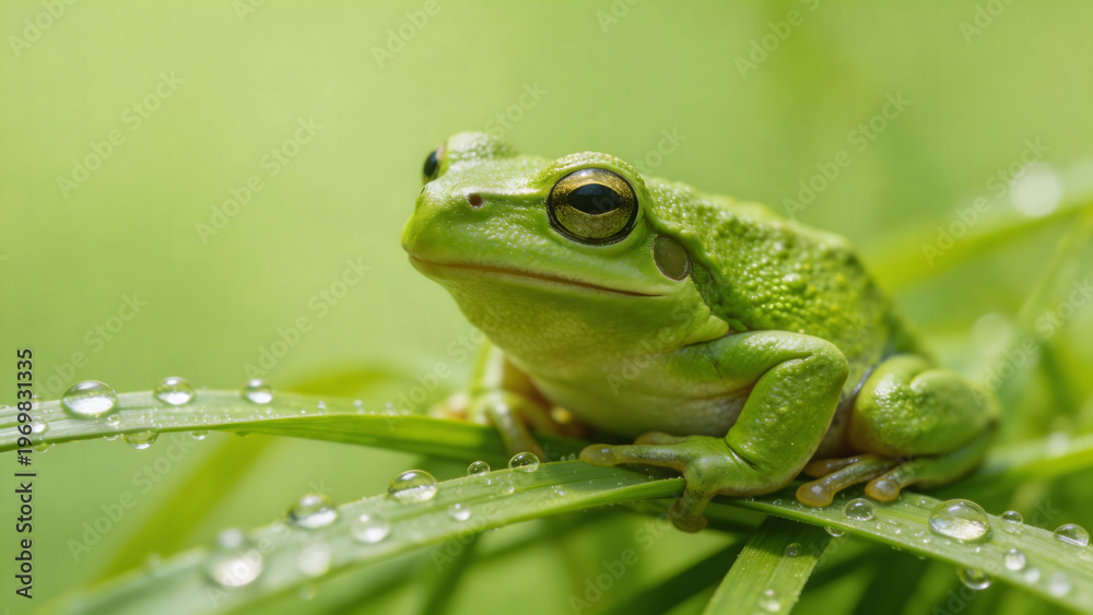 Obraz premium Green frog perched on dewy grass