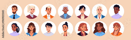Set of business people round avatars. Portraits of diverse employees in circle shapes. Happy office workers, staff for user profiles. Businessmen and businesswomen. Flat isolated vector illustrations