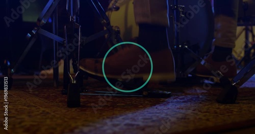 Drummer foot placing, pressing kick pedal, dotted overlay pulsing over pedal, keeping music beat
