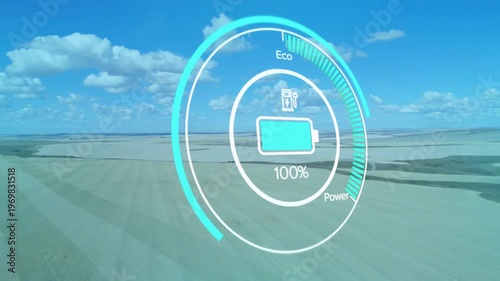 Elevated viewpoint advancing, cyan HUD showing battery filling then draining to monitor Eco Power
