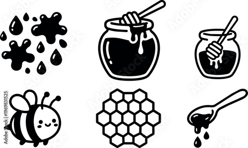 Black and white honey drip jar bee honeycomb spoon droplets vector art