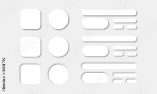  Set of white buttons of various shapes in a neomorphic style.
