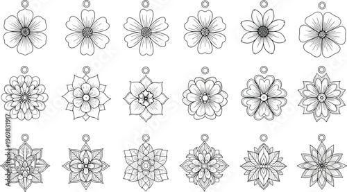 Set of floral pendant line art icons, various flower jewelry designs for laser cut, wood carving and coloring book pages.