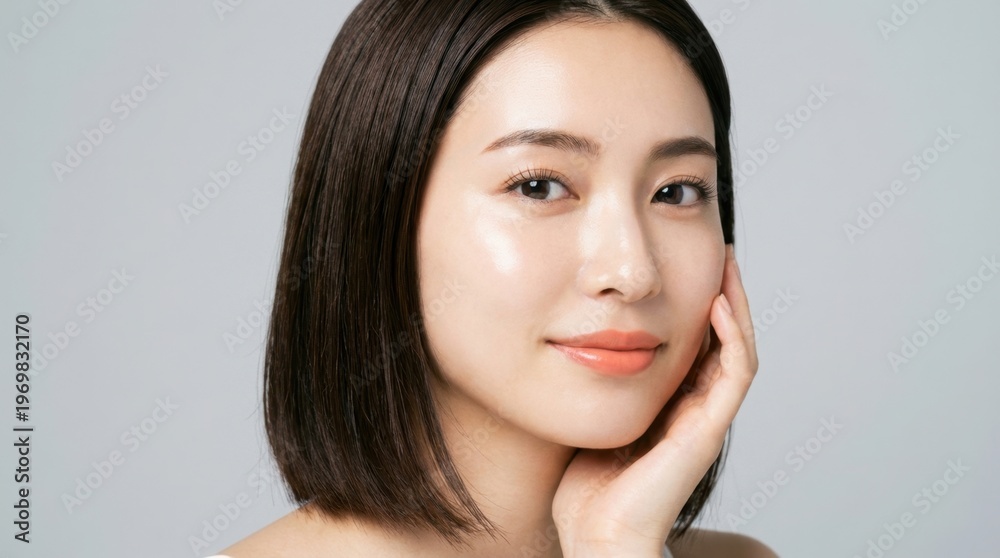 Fototapeta premium Portrait of a beautiful young Asian woman with flawless, radiant skin and natural makeup, gently touching her cheek, exuding wellness and natural beauty against a clean background.