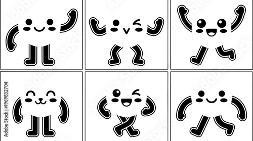 Black and white cute abstract faces with arms and legs in playful poses vector art