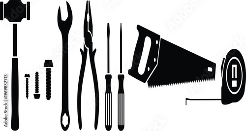 Black Silhouettes of Hand Tools Set Including Hammer Saw Pliers Screwdriver Wrench and Tape Measure for Carpentry Woodworking Home Improvement DIY Projects and Construction Maintenance Graphics