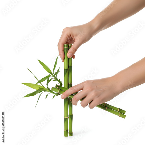 Hands arranging bamboo stalks creating a cross shape isolated.